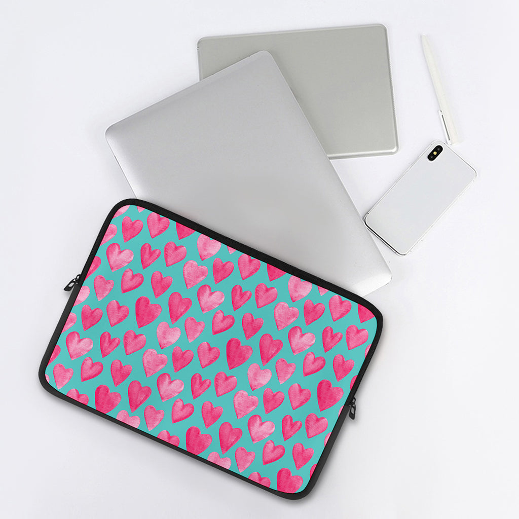 Pink And Teal Watercolor Heart Print Laptop Sleeve