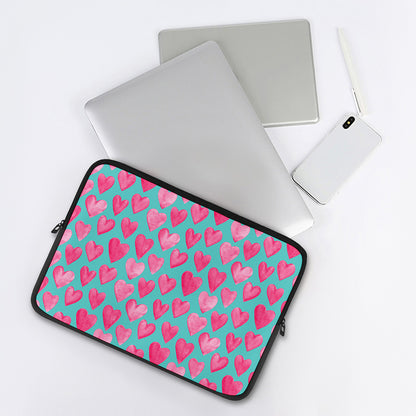 Pink And Teal Watercolor Heart Print Laptop Sleeve