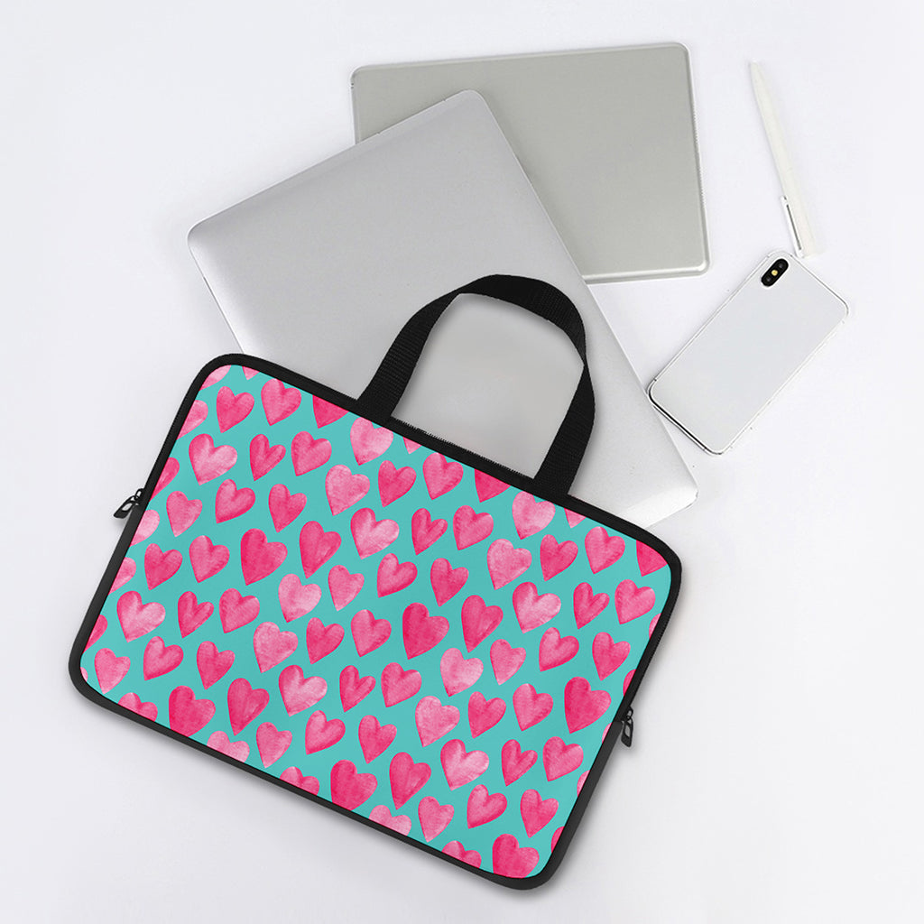 Pink And Teal Watercolor Heart Print Laptop Sleeve With Handle