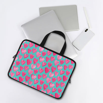 Pink And Teal Watercolor Heart Print Laptop Sleeve With Handle