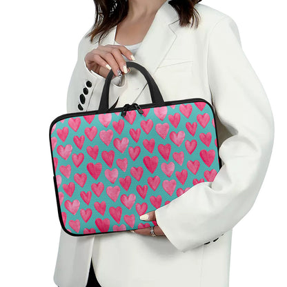 Pink And Teal Watercolor Heart Print Laptop Sleeve With Handle