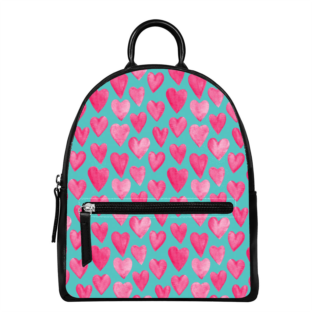 Pink And Teal Watercolor Heart Print Leather Backpack