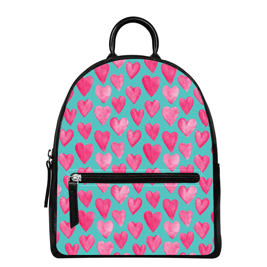 Pink And Teal Watercolor Heart Print Leather Backpack