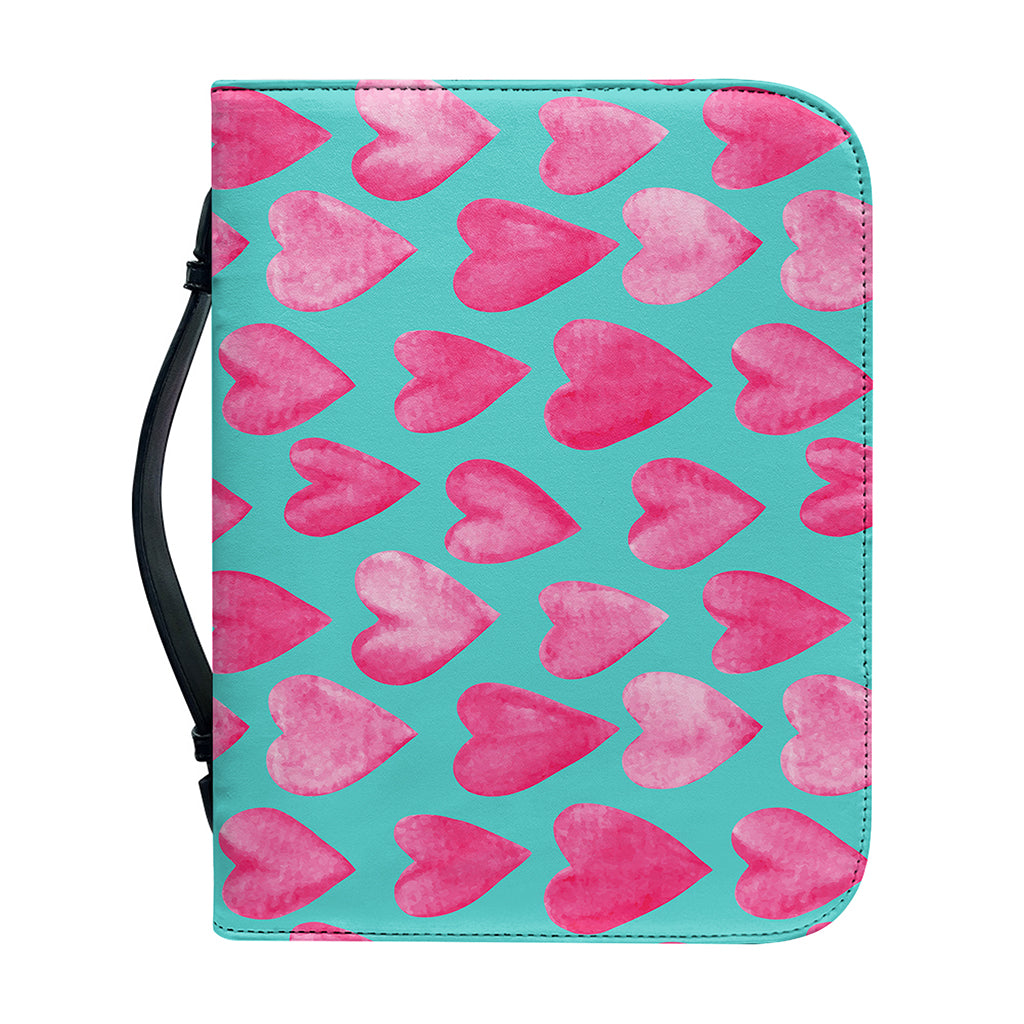 Pink And Teal Watercolor Heart Print Leather Bible Cover