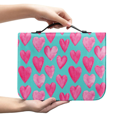 Pink And Teal Watercolor Heart Print Leather Bible Cover