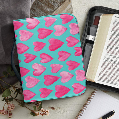 Pink And Teal Watercolor Heart Print Leather Bible Cover