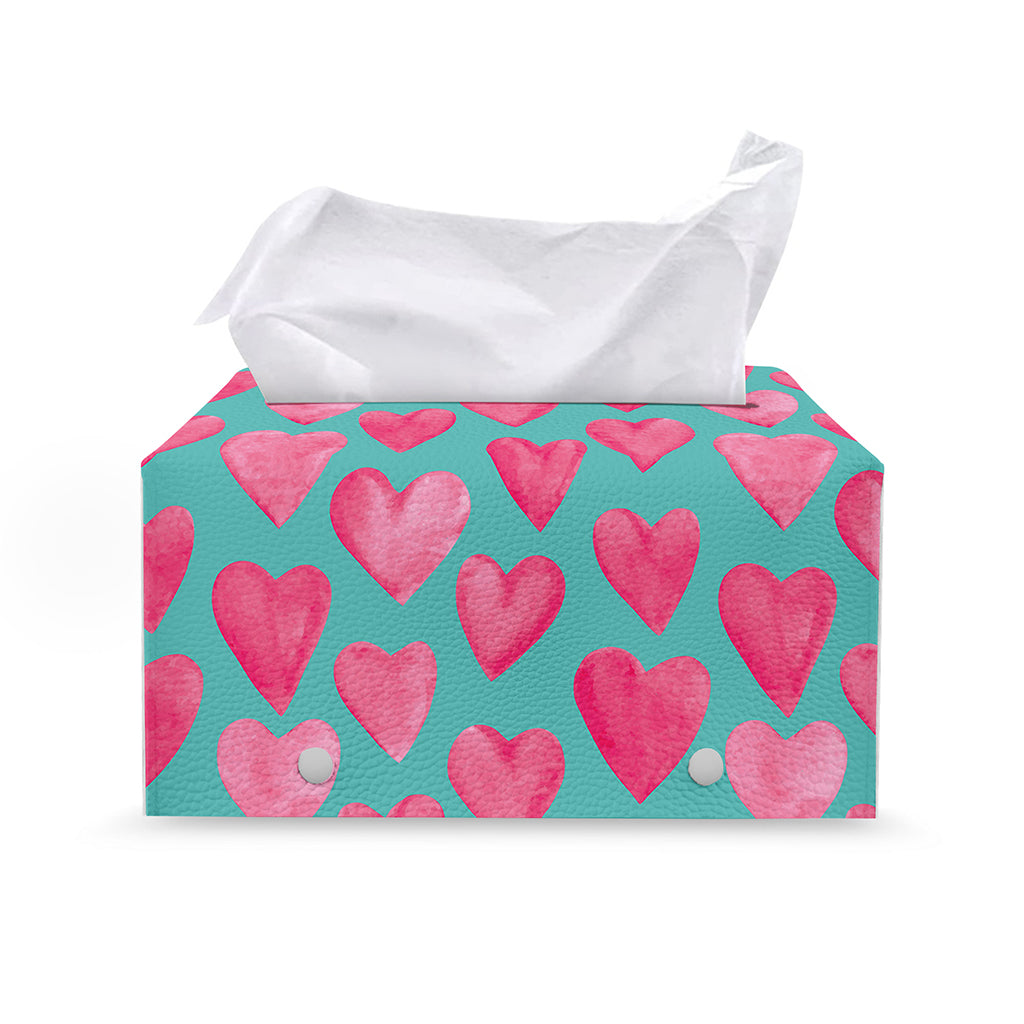 Pink And Teal Watercolor Heart Print Leather Tissue Box Cover