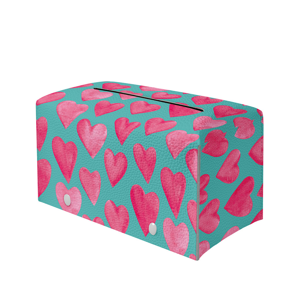 Pink And Teal Watercolor Heart Print Leather Tissue Box Cover
