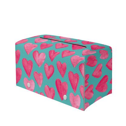 Pink And Teal Watercolor Heart Print Leather Tissue Box Cover