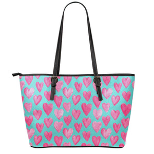 Pink And Teal Watercolor Heart Print Leather Tote Bag