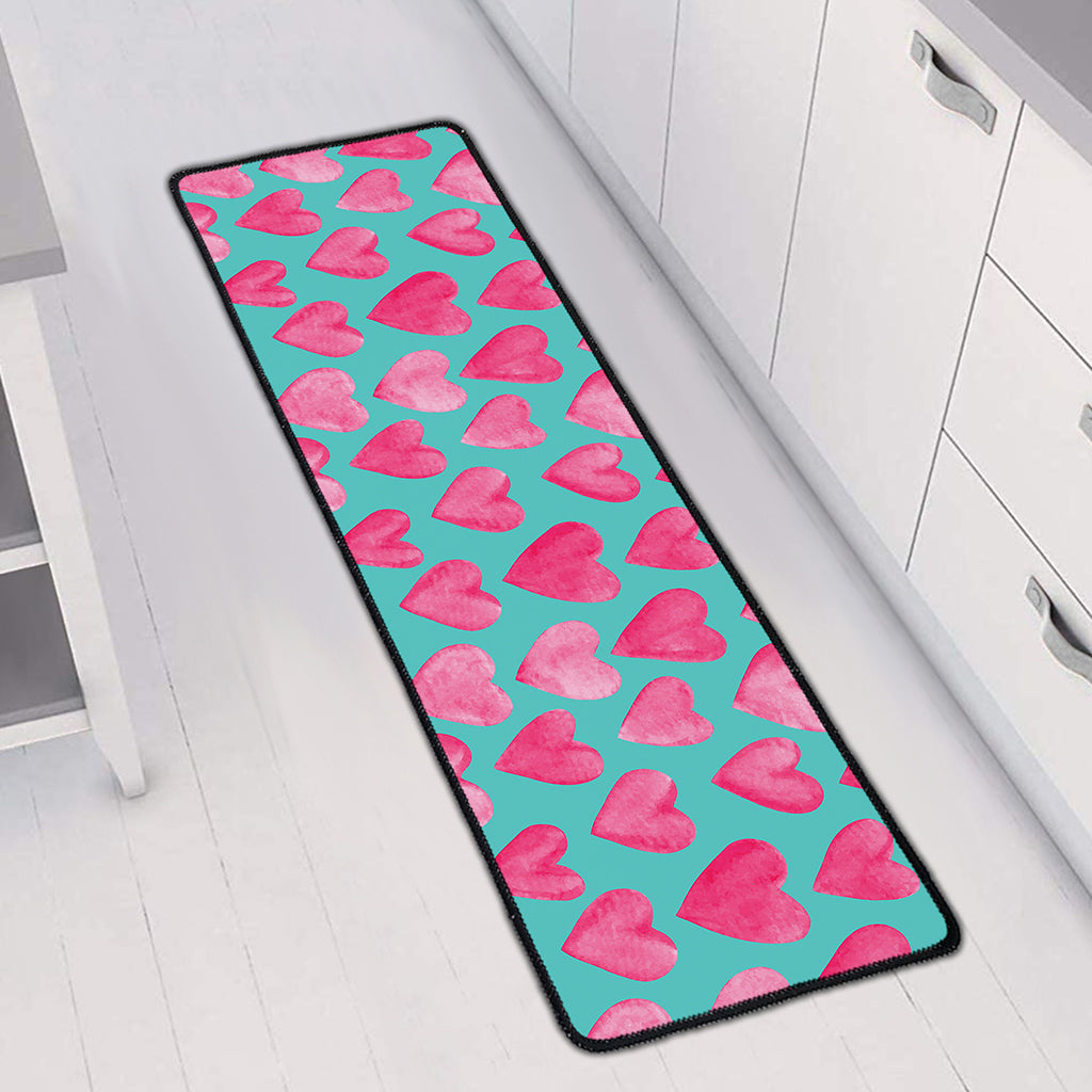 Pink And Teal Watercolor Heart Print Long Kitchen Mat