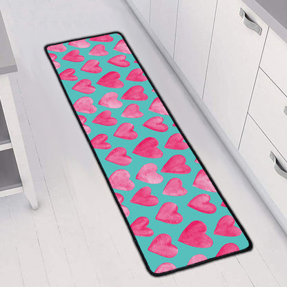 Pink And Teal Watercolor Heart Print Long Kitchen Mat