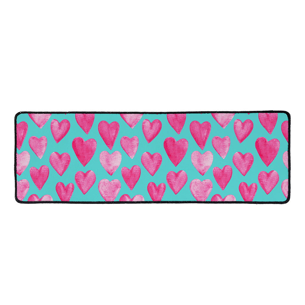 Pink And Teal Watercolor Heart Print Long Kitchen Mat
