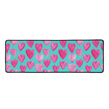 Pink And Teal Watercolor Heart Print Long Kitchen Mat