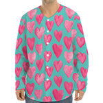 Pink And Teal Watercolor Heart Print Long Sleeve Baseball Jersey