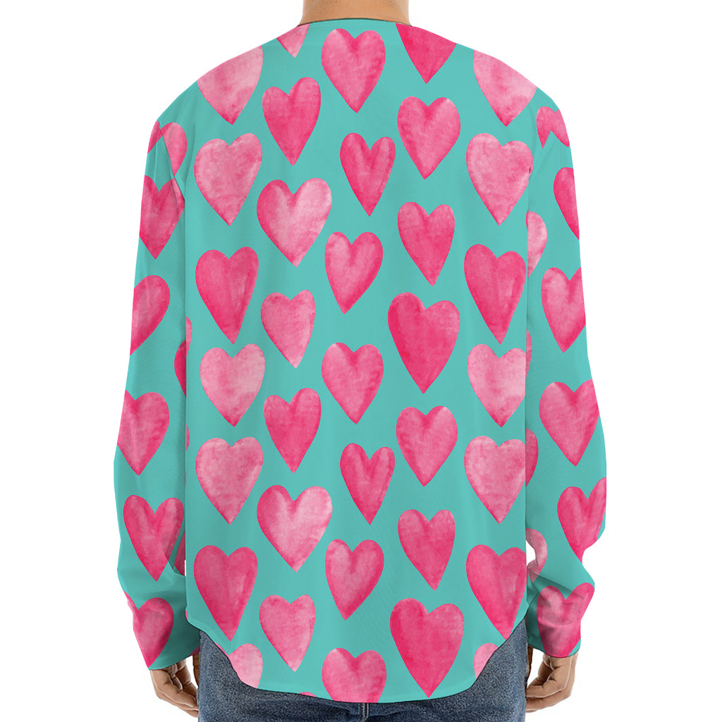 Pink And Teal Watercolor Heart Print Long Sleeve Baseball Jersey
