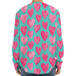 Pink And Teal Watercolor Heart Print Long Sleeve Baseball Jersey