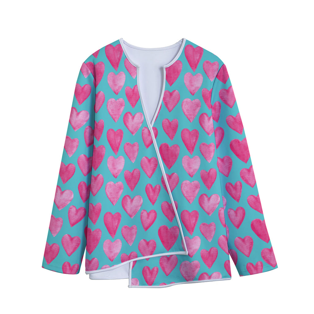 Pink And Teal Watercolor Heart Print Long Sleeve Short Coat