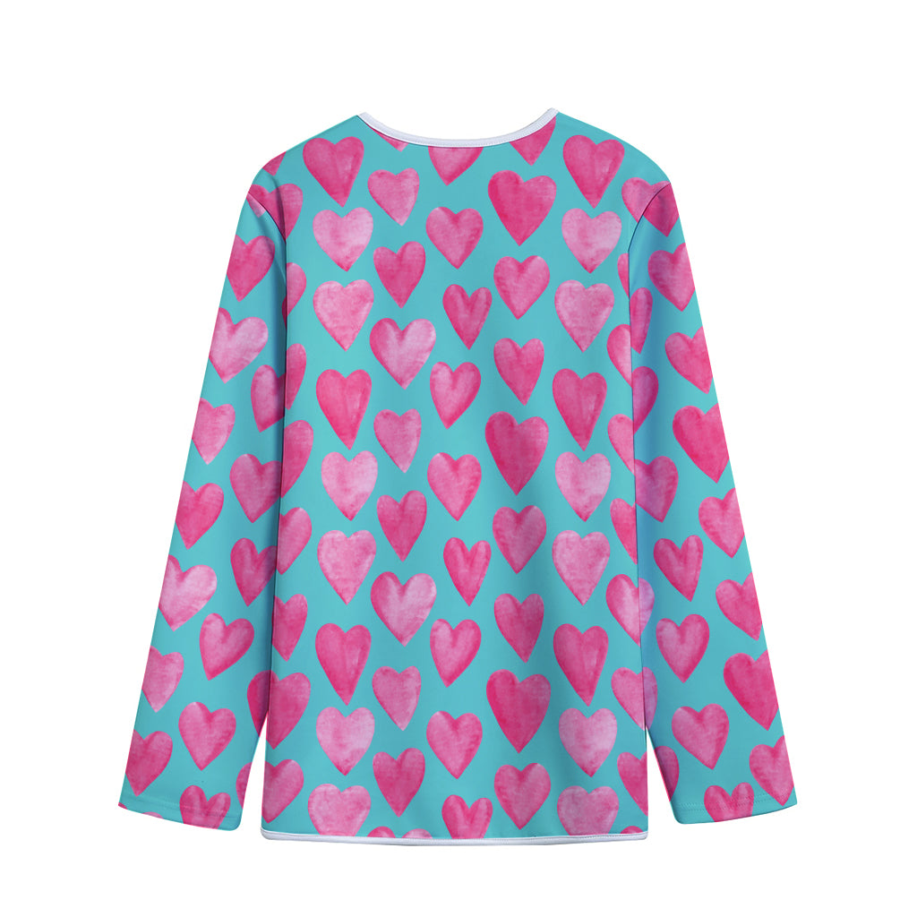 Pink And Teal Watercolor Heart Print Long Sleeve Short Coat