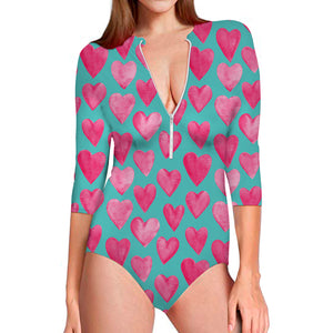 Pink And Teal Watercolor Heart Print Long Sleeve Swimsuit