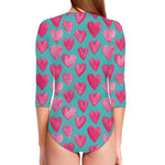 Pink And Teal Watercolor Heart Print Long Sleeve Swimsuit