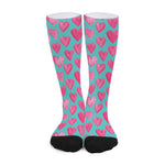 Pink And Teal Watercolor Heart Print Long Socks