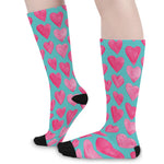 Pink And Teal Watercolor Heart Print Long Socks