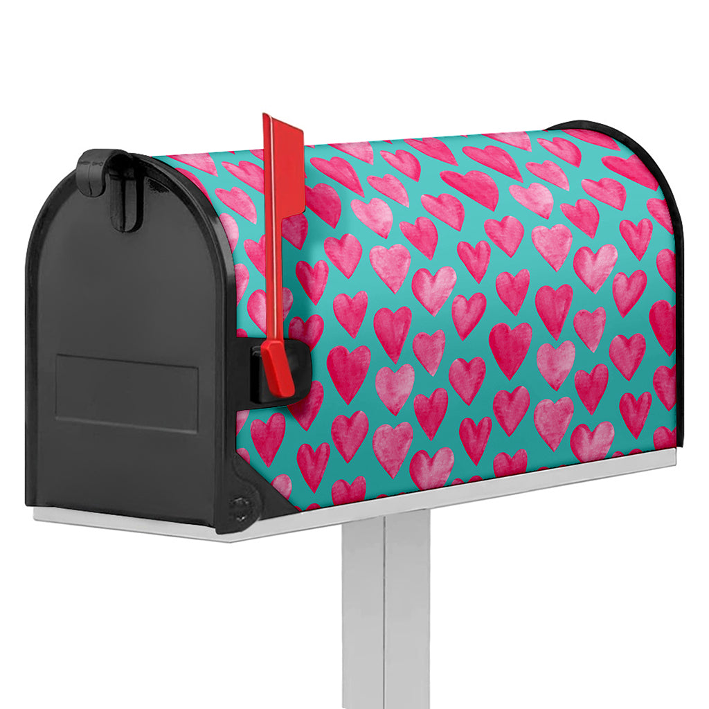Pink And Teal Watercolor Heart Print Mailbox Cover