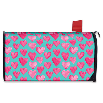 Pink And Teal Watercolor Heart Print Mailbox Cover