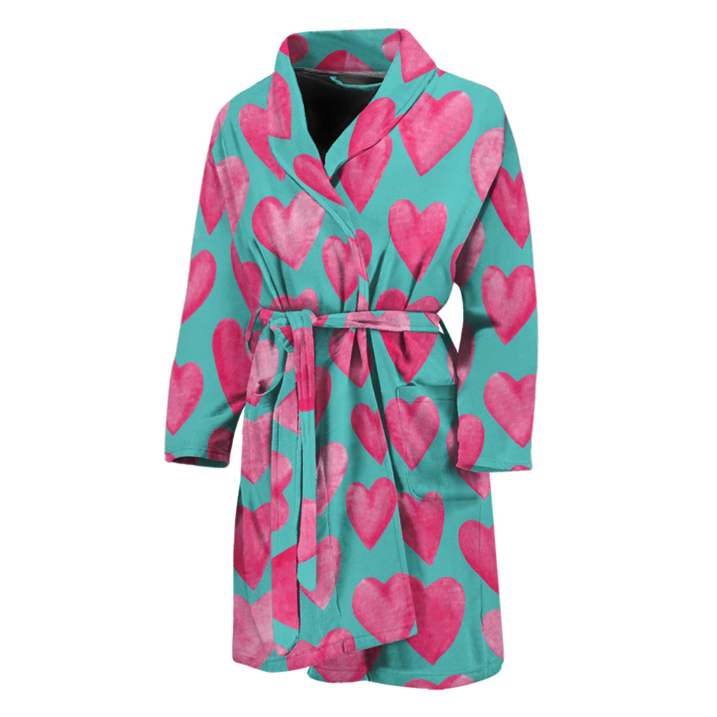 Pink And Teal Watercolor Heart Print Men's Bathrobe