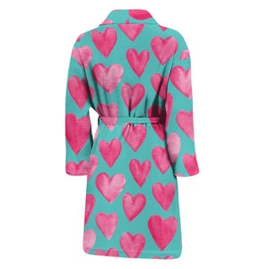 Pink And Teal Watercolor Heart Print Men's Bathrobe