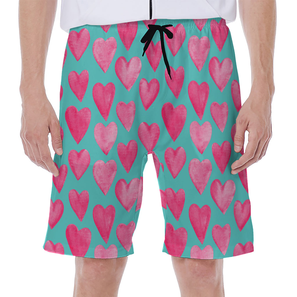 Pink And Teal Watercolor Heart Print Men's Beach Shorts