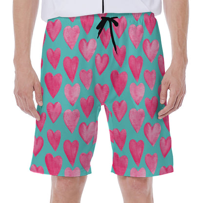 Pink And Teal Watercolor Heart Print Men's Beach Shorts