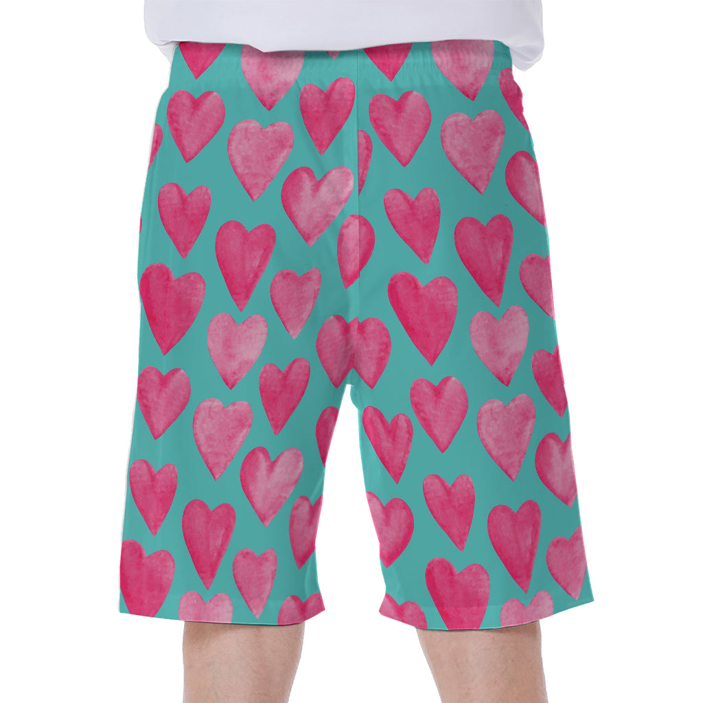 Pink And Teal Watercolor Heart Print Men's Beach Shorts