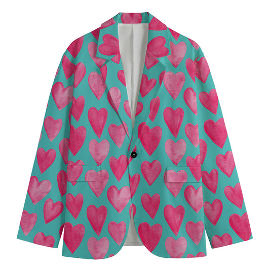 Pink And Teal Watercolor Heart Print Men's Blazer