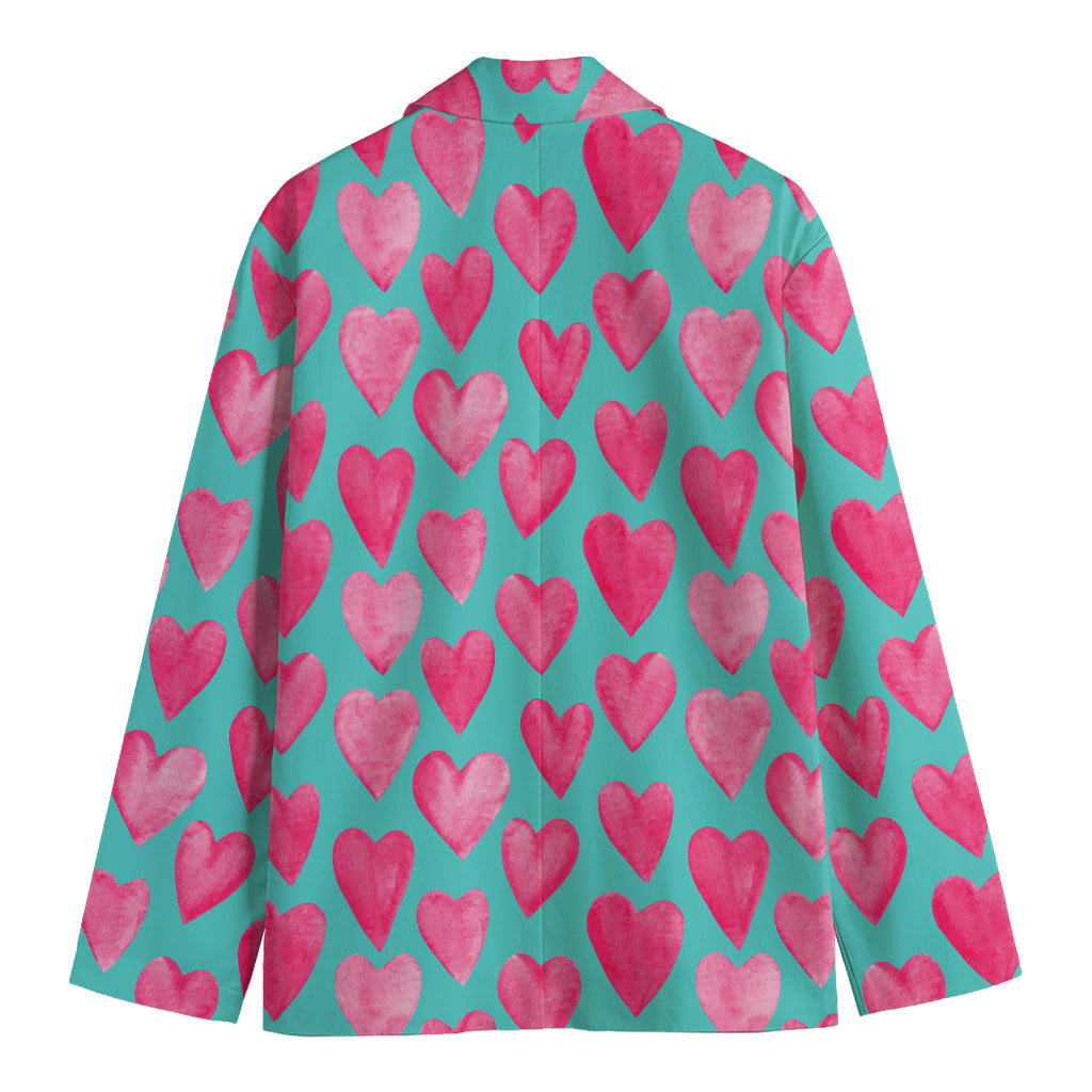 Pink And Teal Watercolor Heart Print Men's Blazer