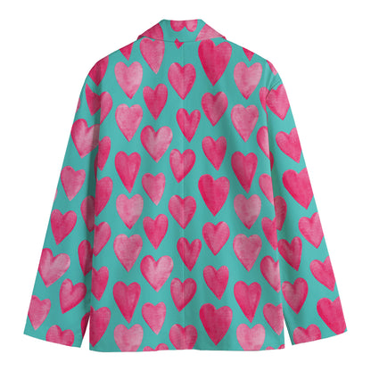 Pink And Teal Watercolor Heart Print Men's Blazer