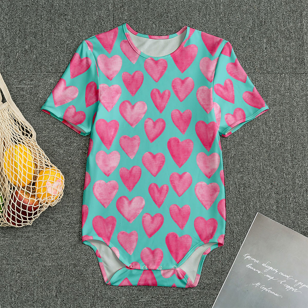 Pink And Teal Watercolor Heart Print Men's Bodysuit