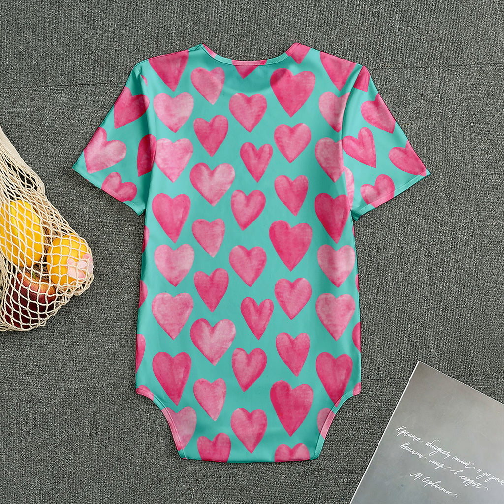 Pink And Teal Watercolor Heart Print Men's Bodysuit