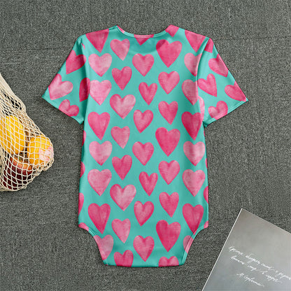Pink And Teal Watercolor Heart Print Men's Bodysuit
