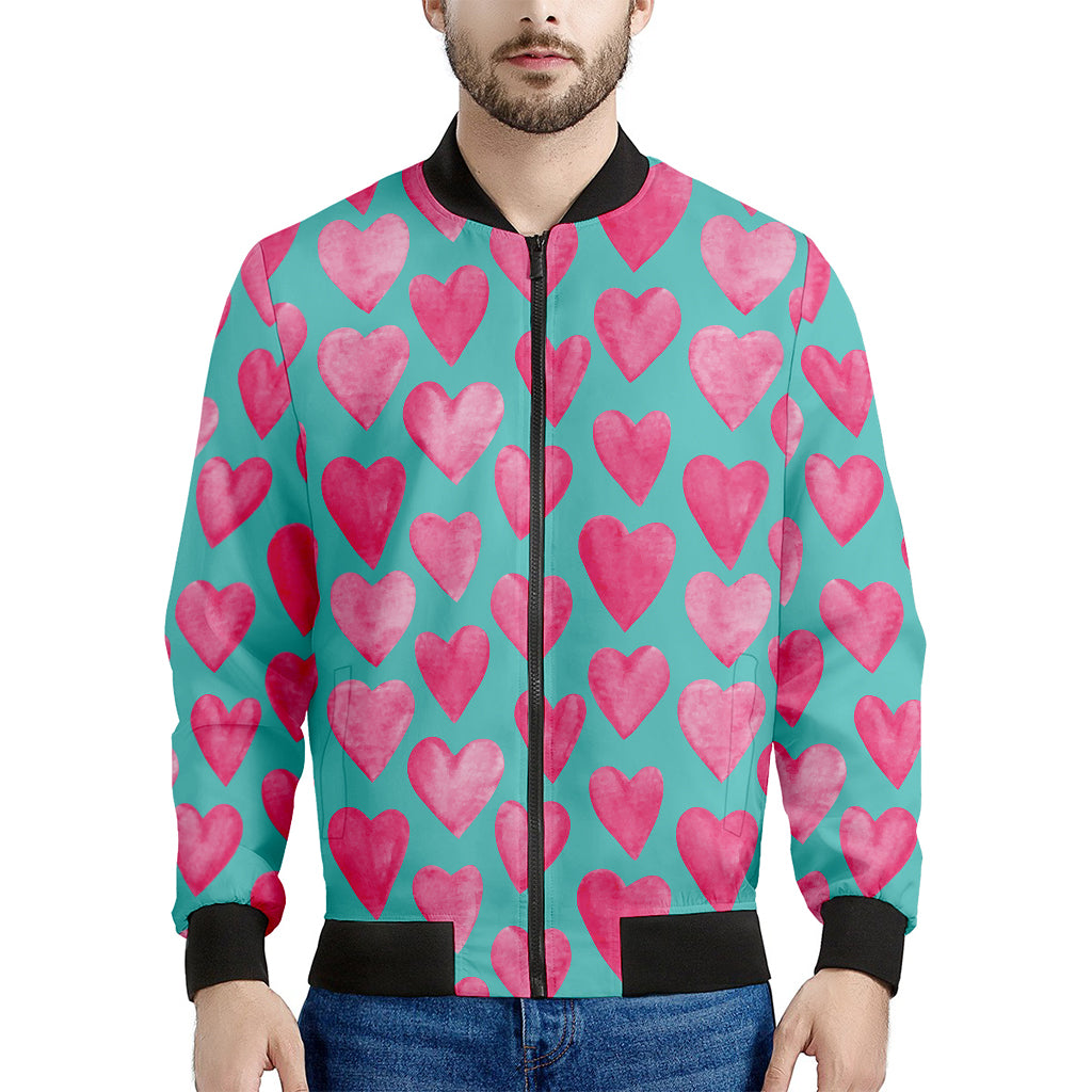 Pink And Teal Watercolor Heart Print Men's Bomber Jacket