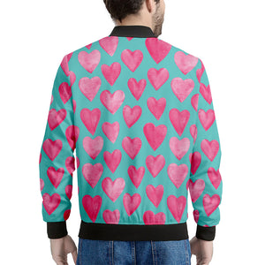 Pink And Teal Watercolor Heart Print Men's Bomber Jacket