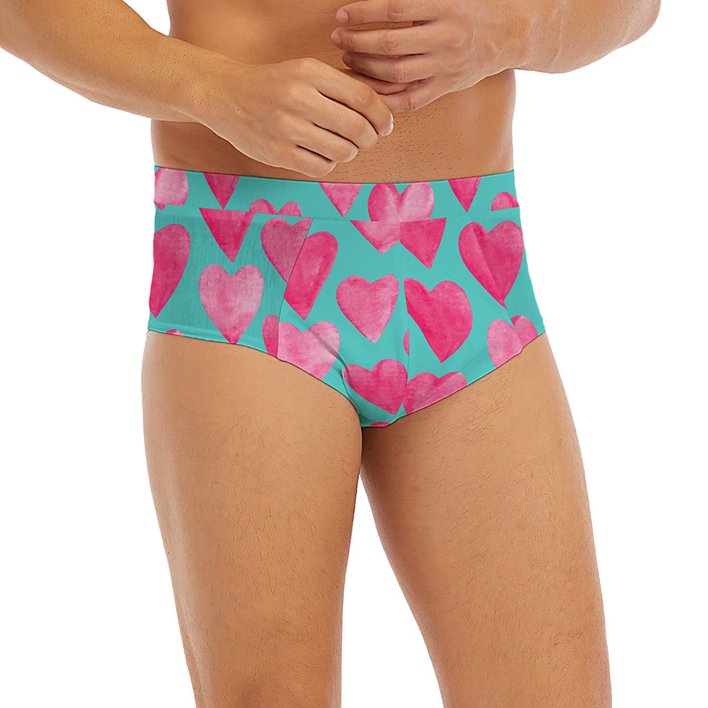 Pink And Teal Watercolor Heart Print Men's Briefs