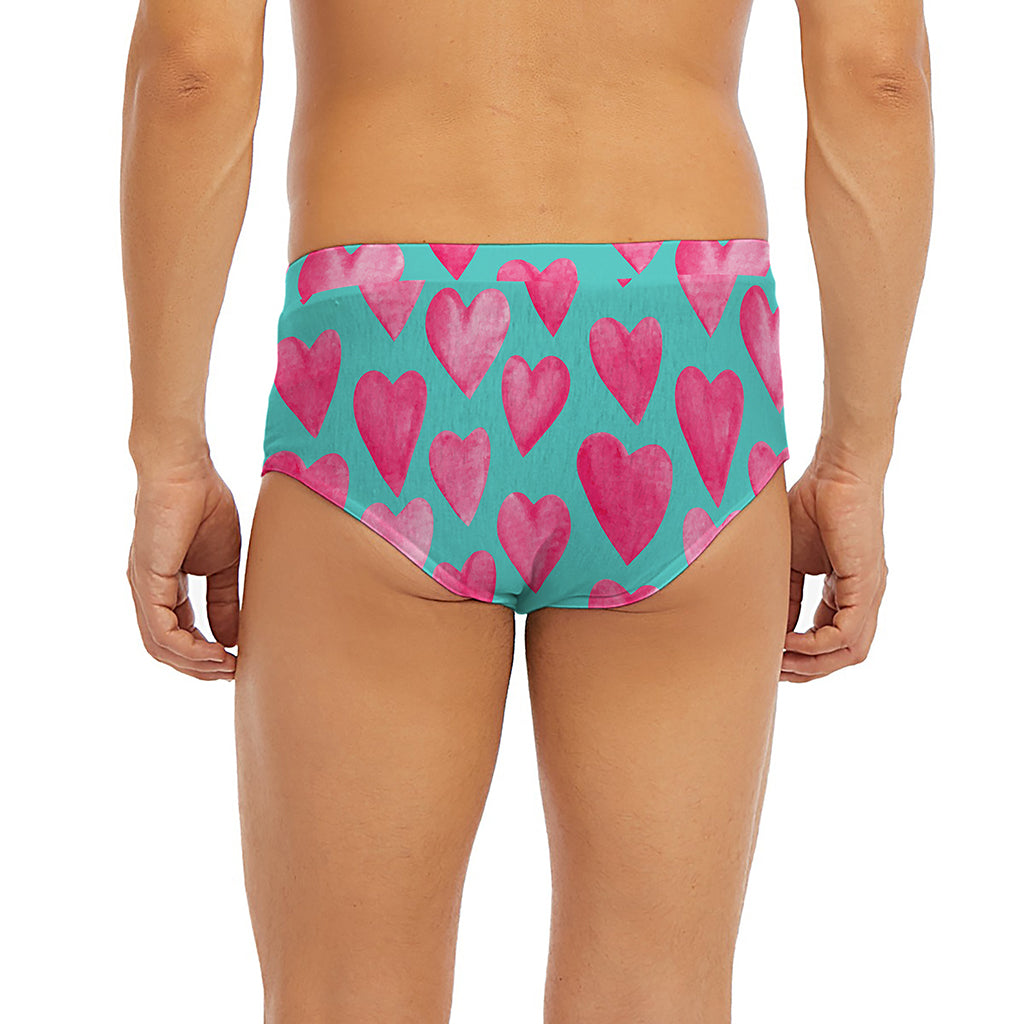 Pink And Teal Watercolor Heart Print Men's Briefs