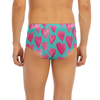 Pink And Teal Watercolor Heart Print Men's Briefs