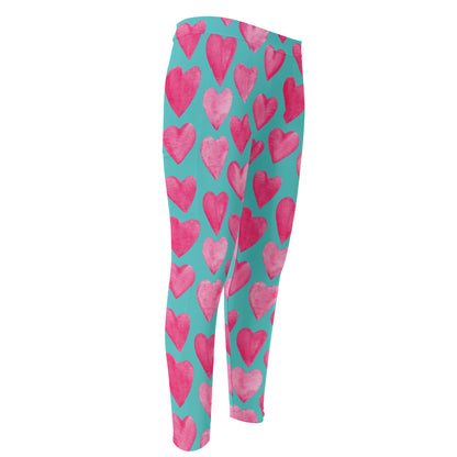Pink And Teal Watercolor Heart Print Men's Compression Pants