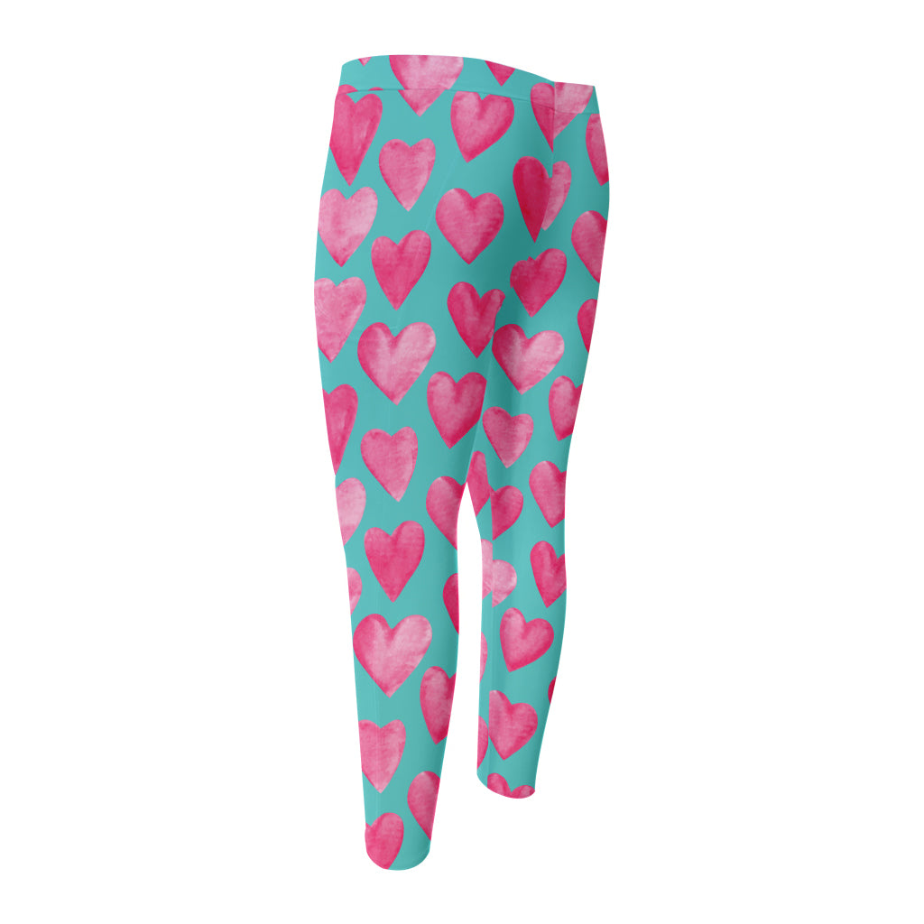 Pink And Teal Watercolor Heart Print Men's Compression Pants