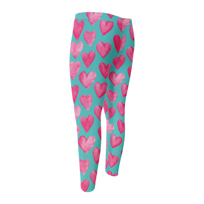 Pink And Teal Watercolor Heart Print Men's Compression Pants
