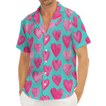 Pink And Teal Watercolor Heart Print Men's Deep V-Neck Shirt