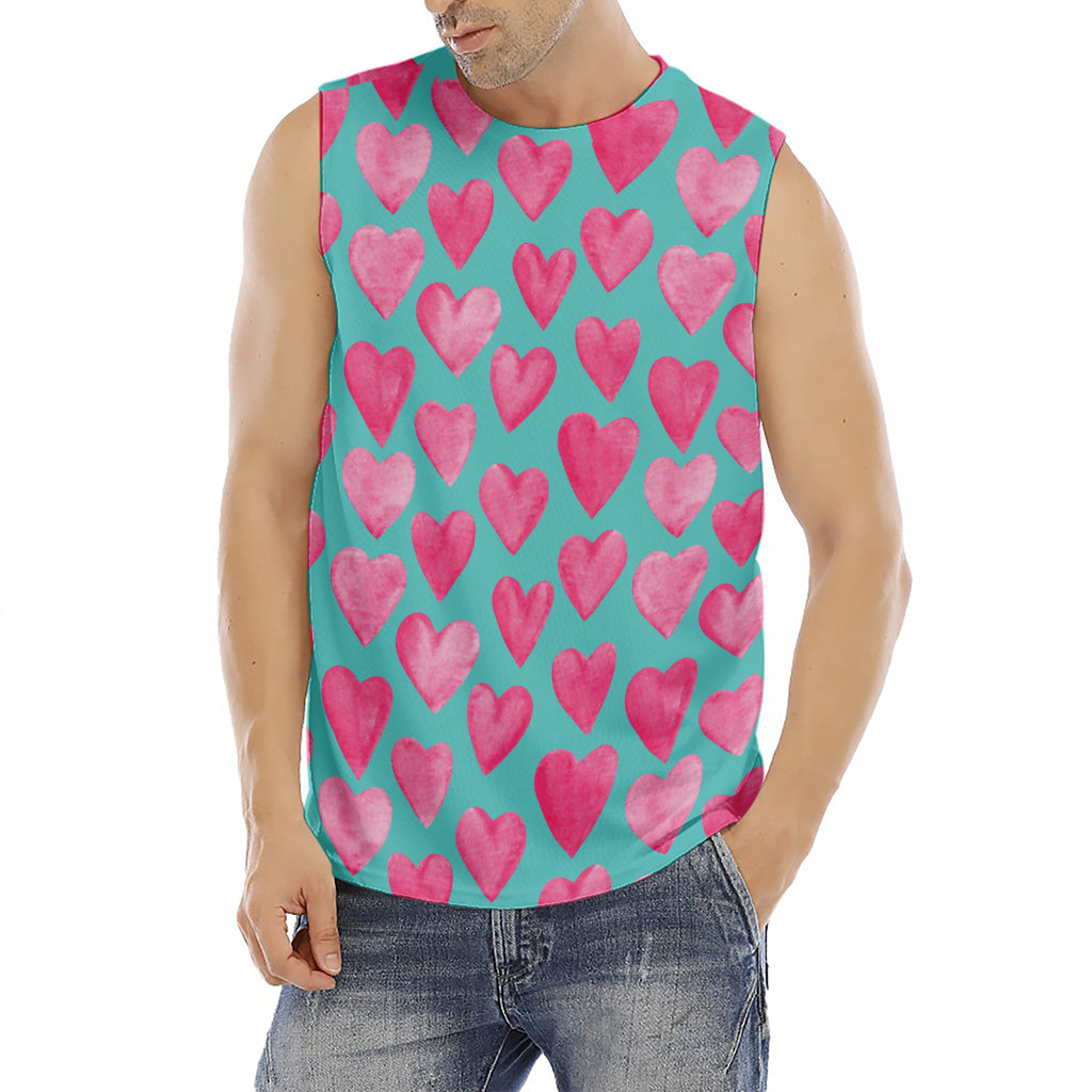 Pink And Teal Watercolor Heart Print Men's Fitness Tank Top